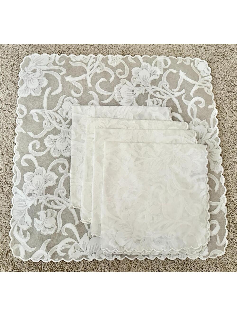 Lot of 5: NEW Delicate Sheer White Scalloped Edge Napkins Floral Print 18" Sq